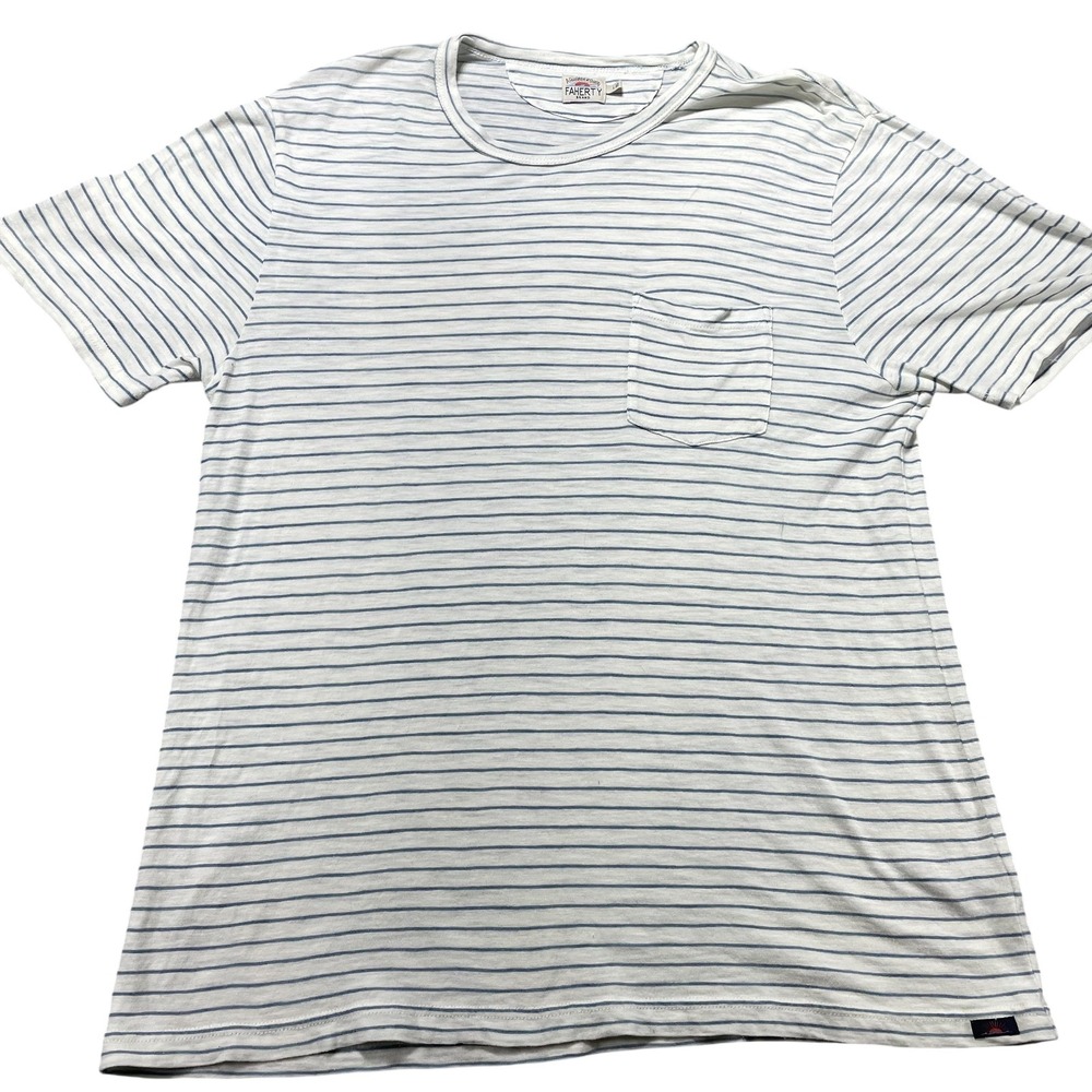 Faherty Shirt Mens Large White Blue Stripe Pocket Tee Indigo Dyed Cotton Crew